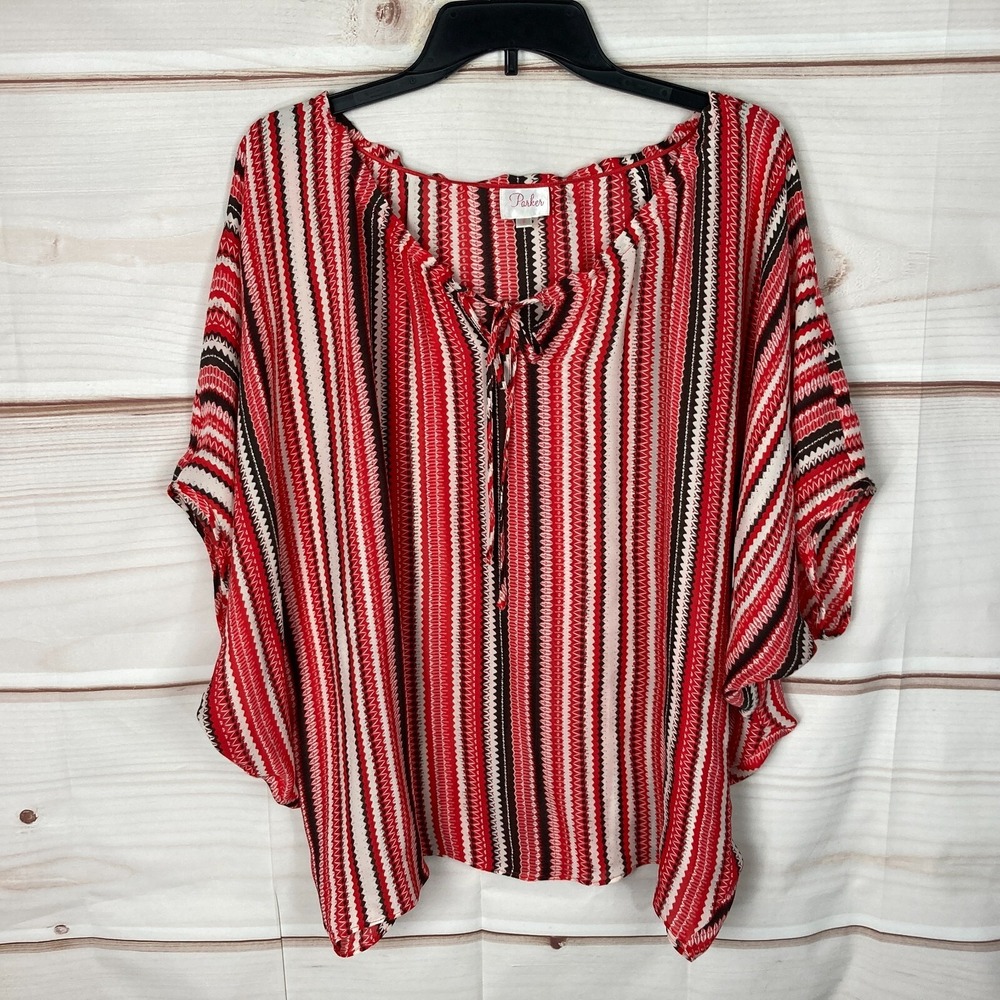 Parker Top Womens S Red Stripe Silk Blouse Tie Neck‎ Oversized Dolman Sleeve